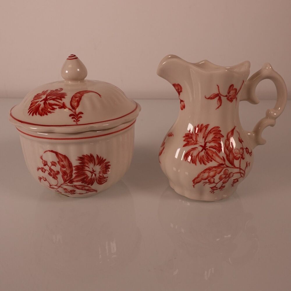 Andrea By Sadek Vintage Williamsburg Red & White Toile Sugar Bowl w/Lid Creamer